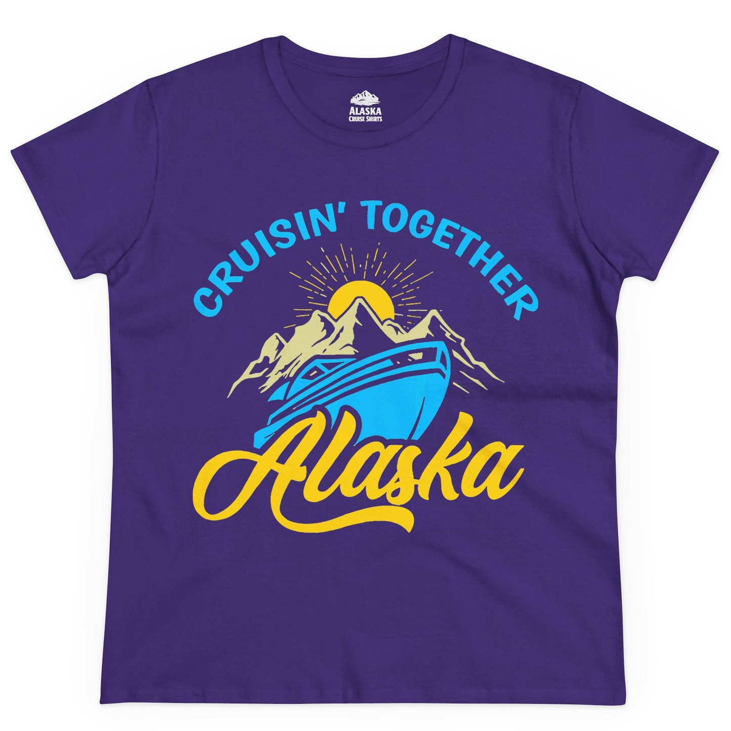 Alaska Cruise Adventure Mountains Sunrise Retro Shirt for Travelers — Ladies Tee Ladies T-Shirt – Purple – Alaska Cruise Shirts