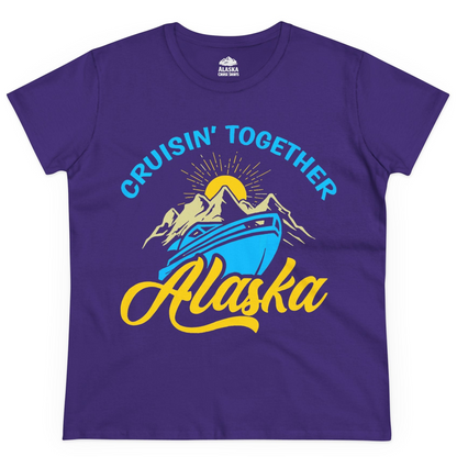 Alaska Cruise Adventure Mountains Sunrise Retro Shirt for Travelers — Ladies Tee Ladies T-Shirt – Purple – Alaska Cruise Shirts