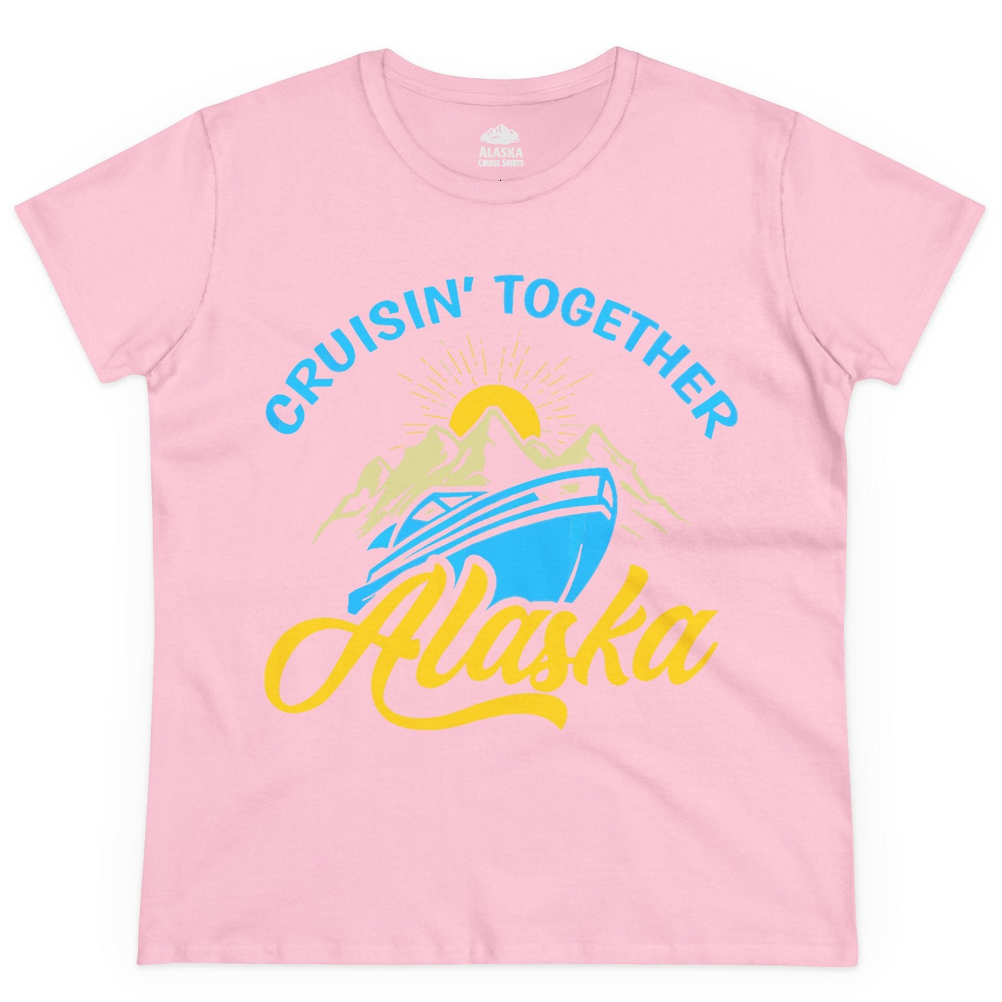 Alaska Cruise Adventure Mountains Sunrise Retro Shirt for Travelers — Ladies Tee Ladies T-Shirt – Light Pink – Alaska Cruise Shirts