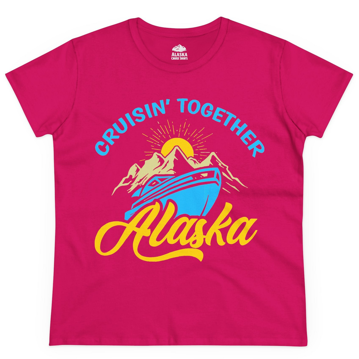 Alaska Cruise Adventure Mountains Sunrise Retro Shirt for Travelers — Ladies Tee Ladies T-Shirt – Heliconia – Alaska Cruise Shirts
