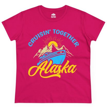 Alaska Cruise Adventure Mountains Sunrise Retro Shirt for Travelers — Ladies Tee Ladies T-Shirt – Heliconia – Alaska Cruise Shirts
