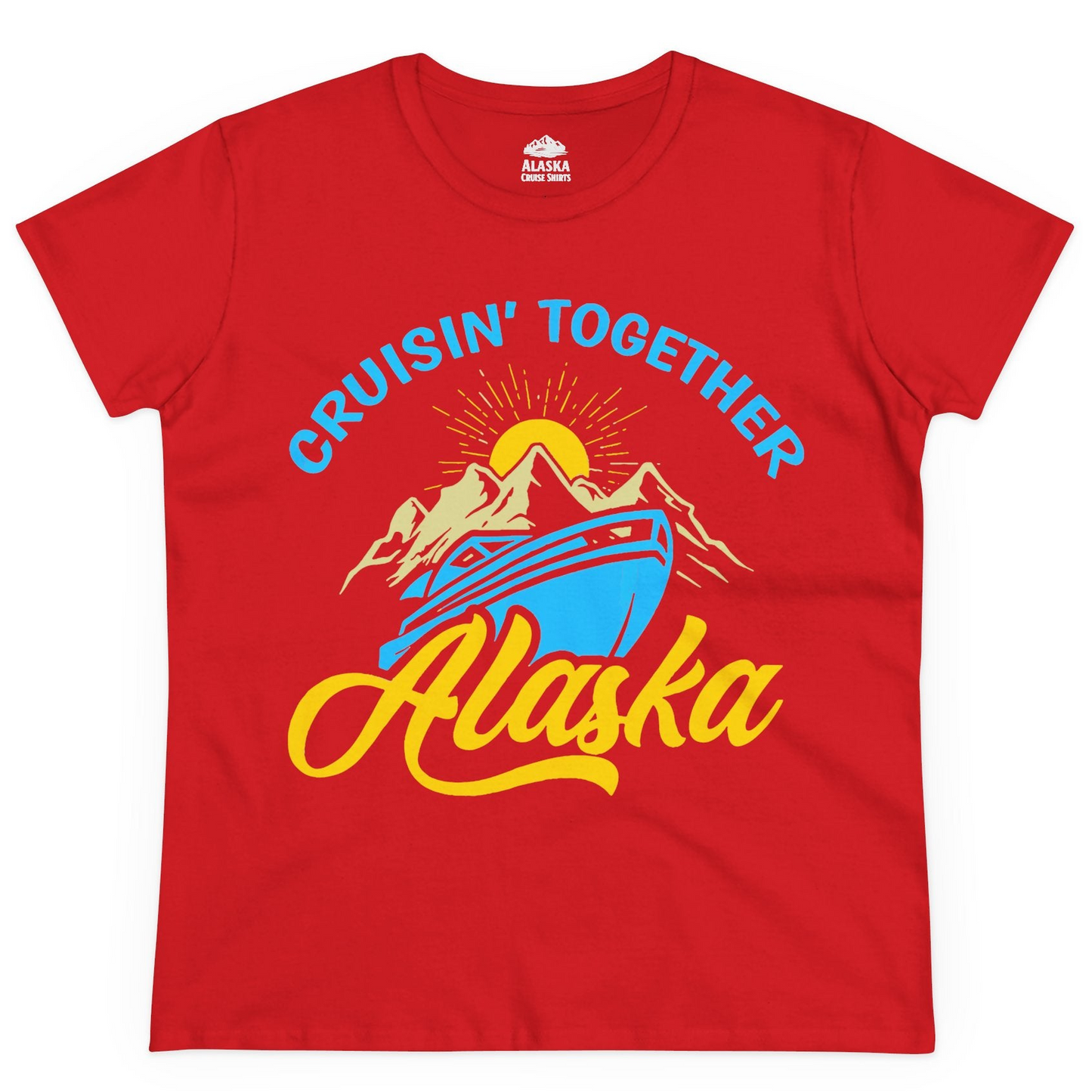 Alaska Cruise Adventure Mountains Sunrise Retro Shirt for Travelers — Ladies Tee Ladies T-Shirt – Red – Alaska Cruise Shirts