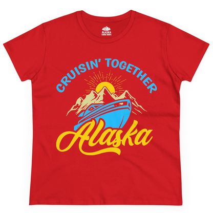 Alaska Cruise Adventure Mountains Sunrise Retro Shirt for Travelers — Ladies Tee Ladies T-Shirt – Red – Alaska Cruise Shirts