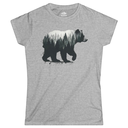 Bear Silhouette Forest Double Exposure Shirt Ladies T-Shirt – Sport Grey – Alaska Cruise Shirts
