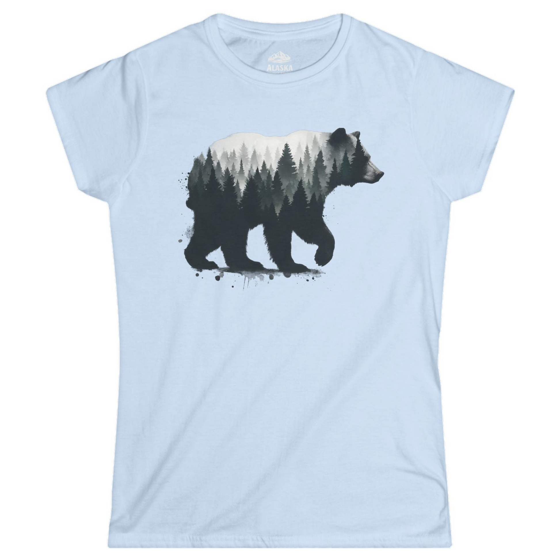 Bear Silhouette Forest Double Exposure Shirt Ladies T-Shirt – Light Blue – Alaska Cruise Shirts