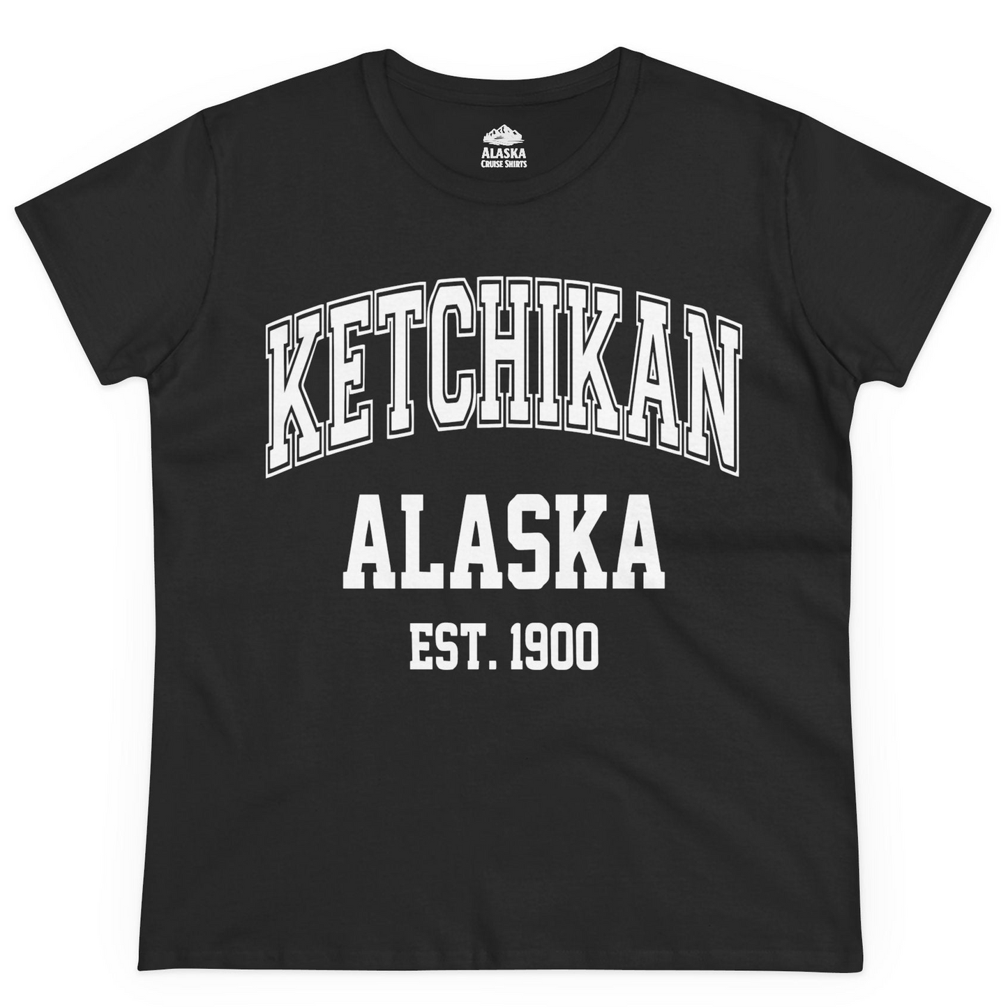 Ketchikan Alaska Collegiate Style Est 1900 Vintage Tee Shirt — Ladies Tee Ladies T-Shirt – Black – Alaska Cruise Shirts