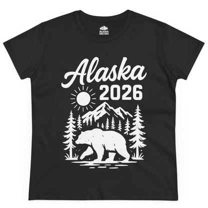 Alaska 2026 Bear and Mountains Nature Adventure Shirt — Ladies Tee Ladies T-Shirt – Black – Alaska Cruise Shirts
