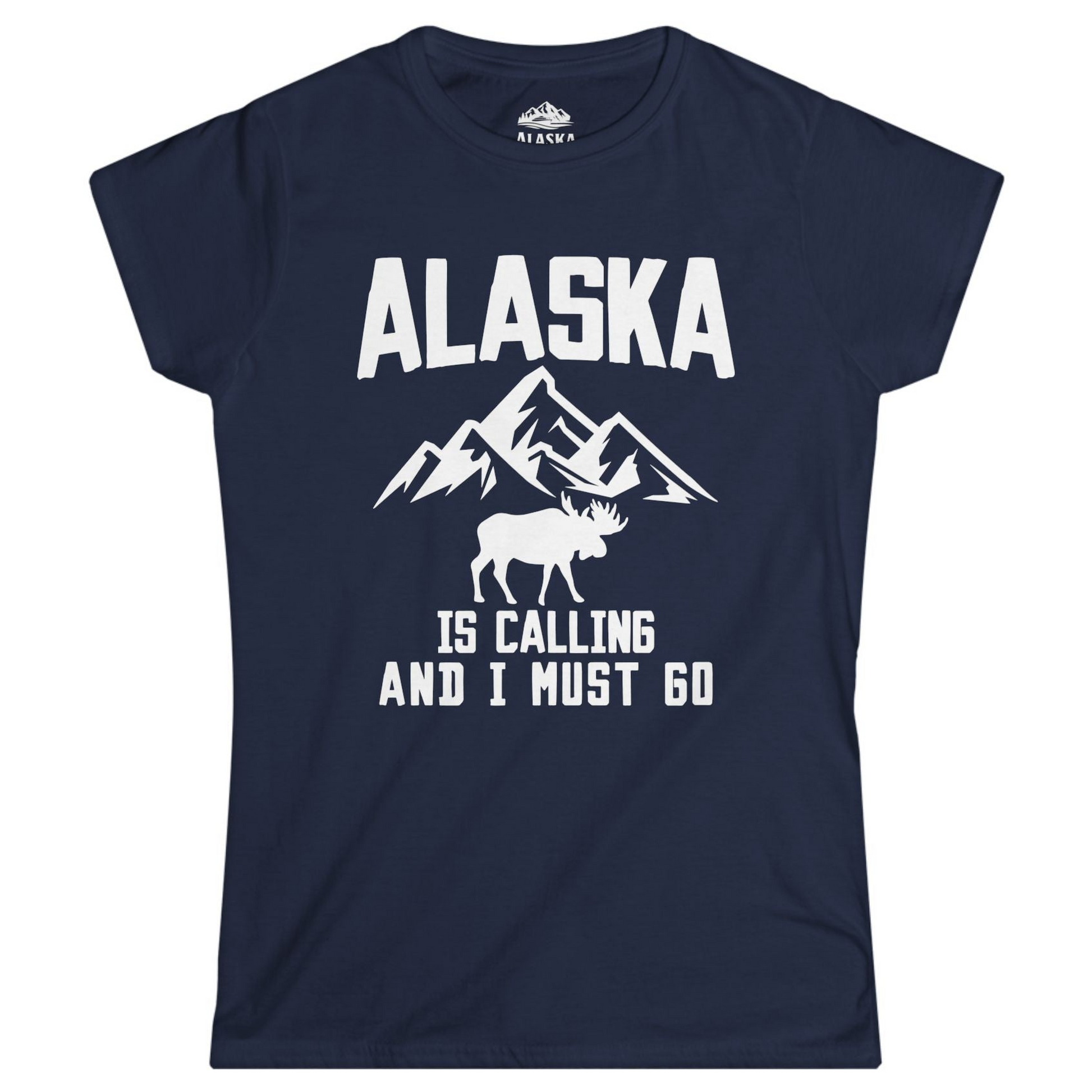 Alaska Is Calling Moose Mountains Adventure Silhouette Nature Shirt Ladies T-Shirt – Navy – Alaska Cruise Shirts
