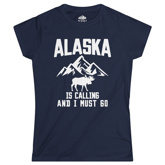 Alaska Is Calling Moose Mountains Adventure Silhouette Nature Shirt Ladies T-Shirt – Navy – Alaska Cruise Shirts