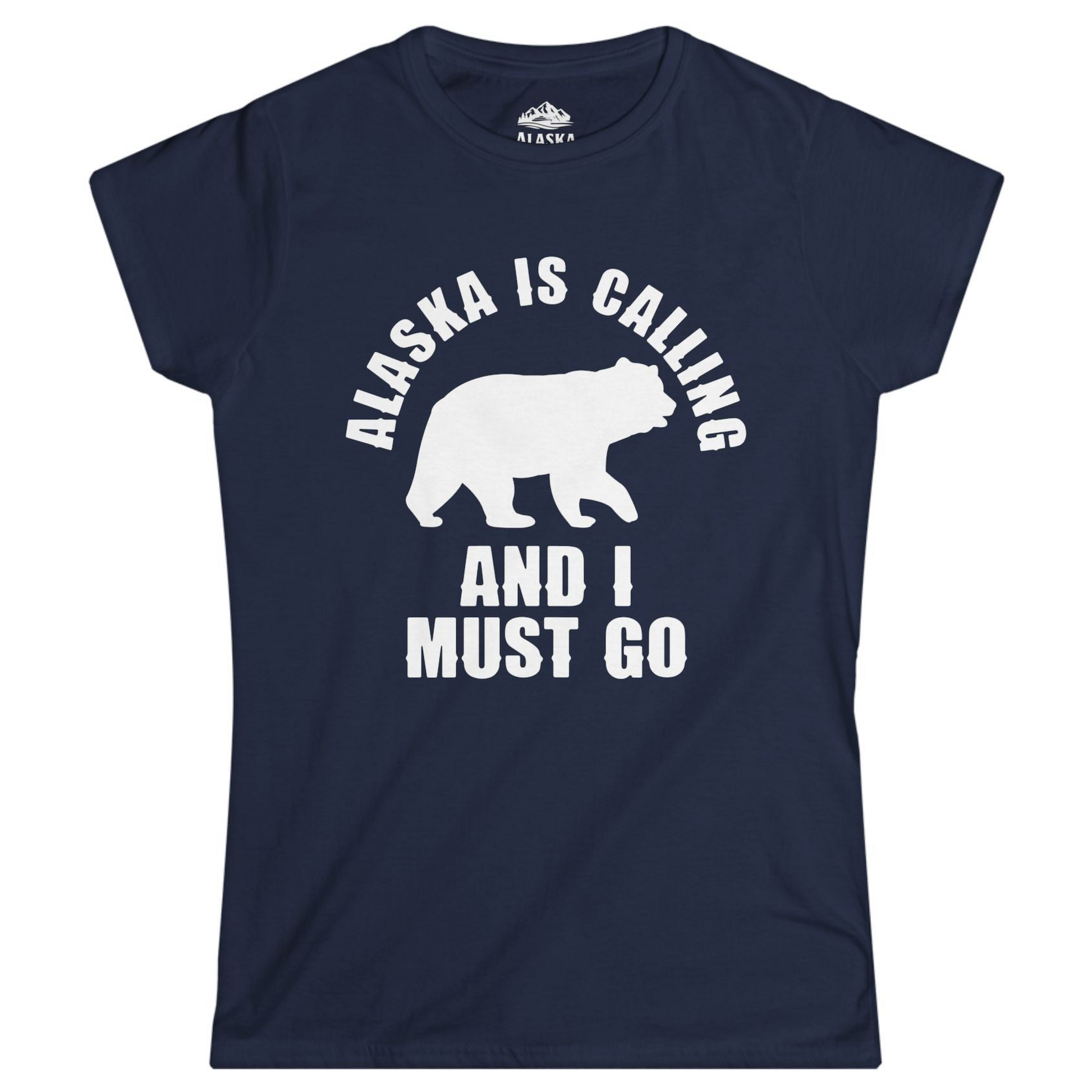 Alaska Is Calling Bear Silhouette Adventure Shirt - Bold Travel Quote Tee Ladies T-Shirt – Navy – Alaska Cruise Shirts