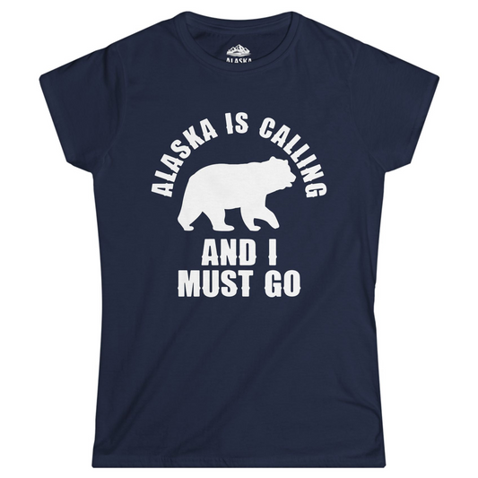 Alaska Is Calling Bear Silhouette Adventure Shirt - Bold Travel Quote Tee Ladies T-Shirt – Navy – Alaska Cruise Shirts
