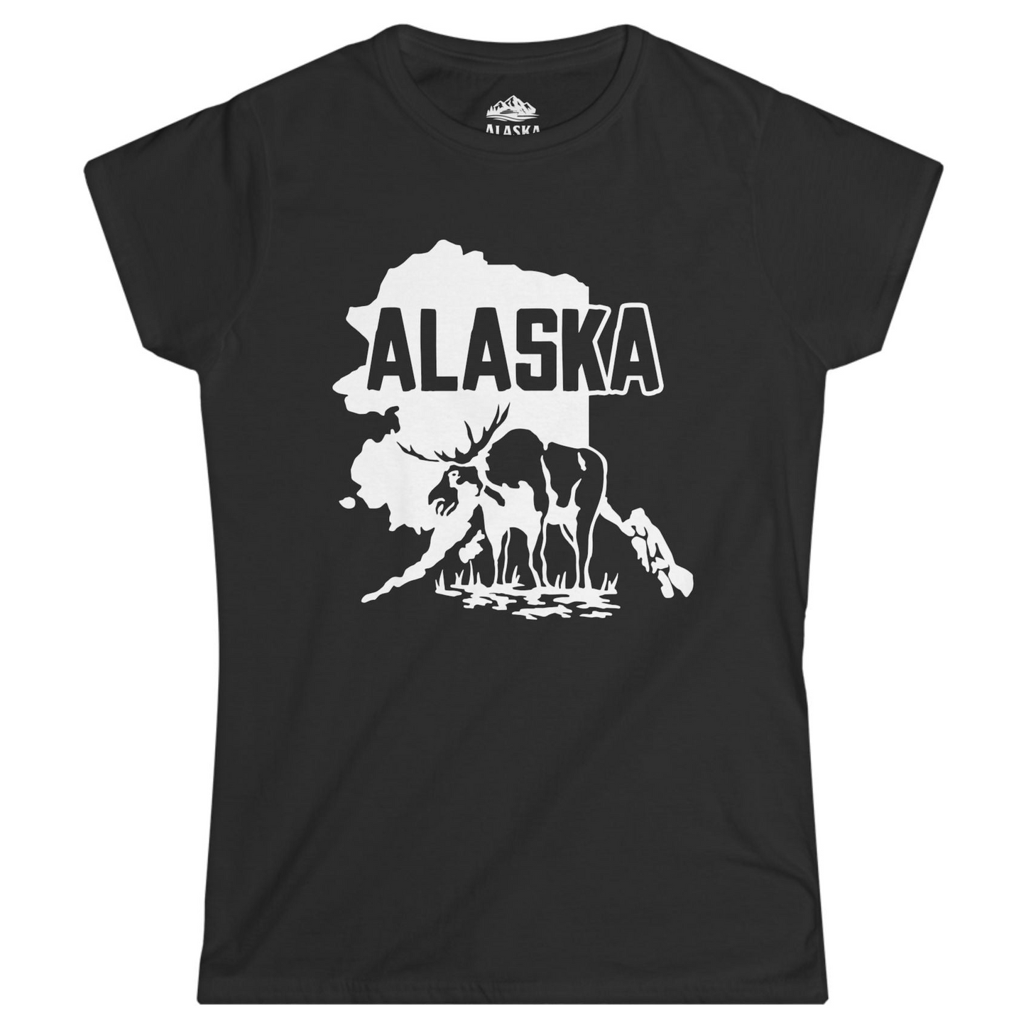 Alaska Moose Silhouette Shirt - Bold State Outline Wildlife Graphic Ladies T-Shirt – Black – Alaska Cruise Shirts
