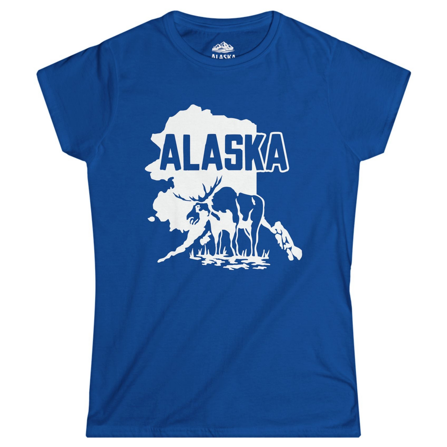 Alaska Moose Silhouette Shirt - Bold State Outline Wildlife Graphic Ladies T-Shirt – Royal – Alaska Cruise Shirts
