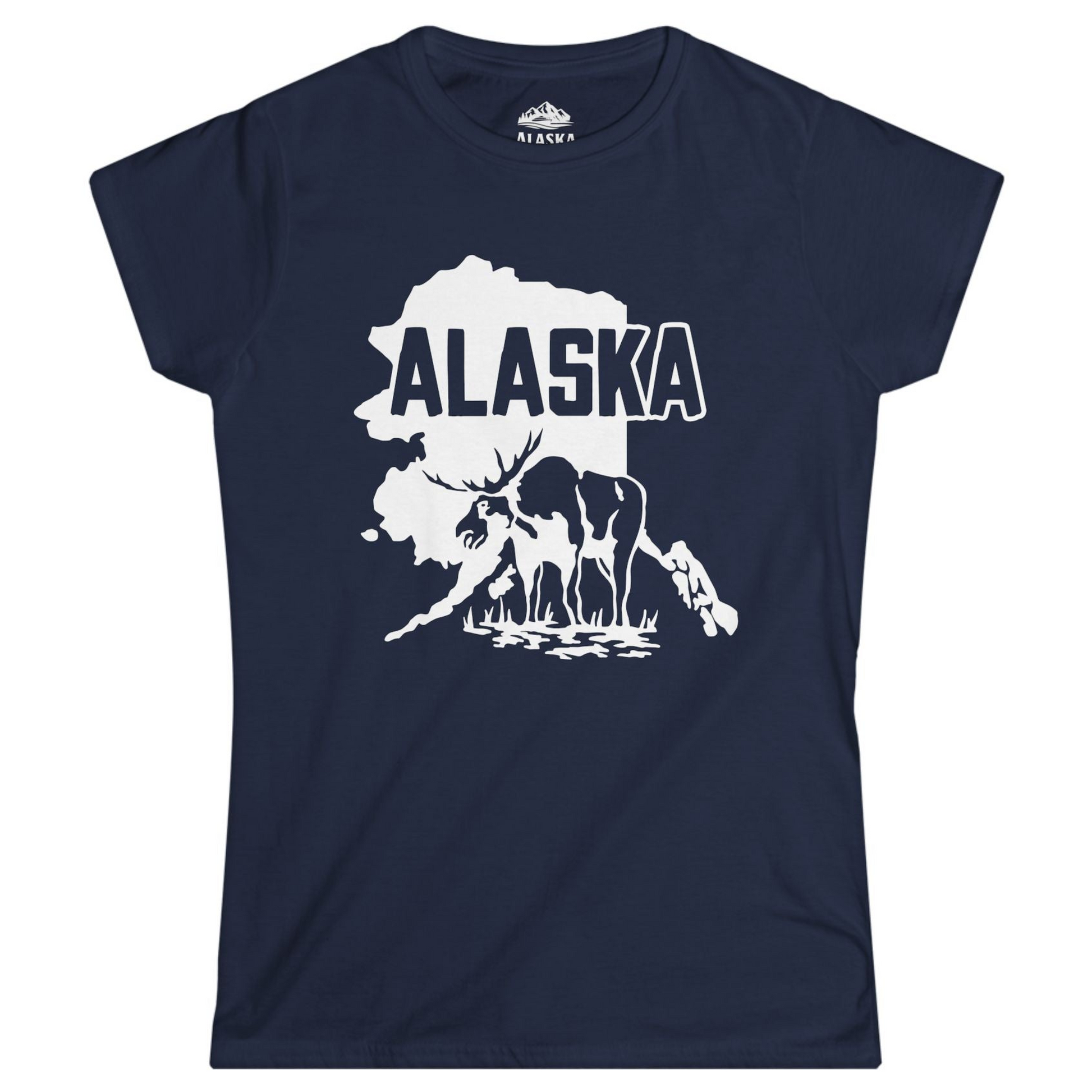Alaska Moose Silhouette Shirt - Bold State Outline Wildlife Graphic Ladies T-Shirt – Navy – Alaska Cruise Shirts
