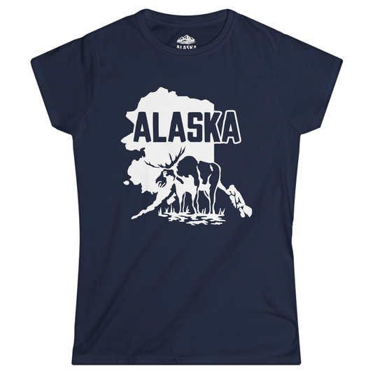 Alaska Moose Silhouette Shirt - Bold State Outline Wildlife Graphic Ladies T-Shirt – Navy – Alaska Cruise Shirts