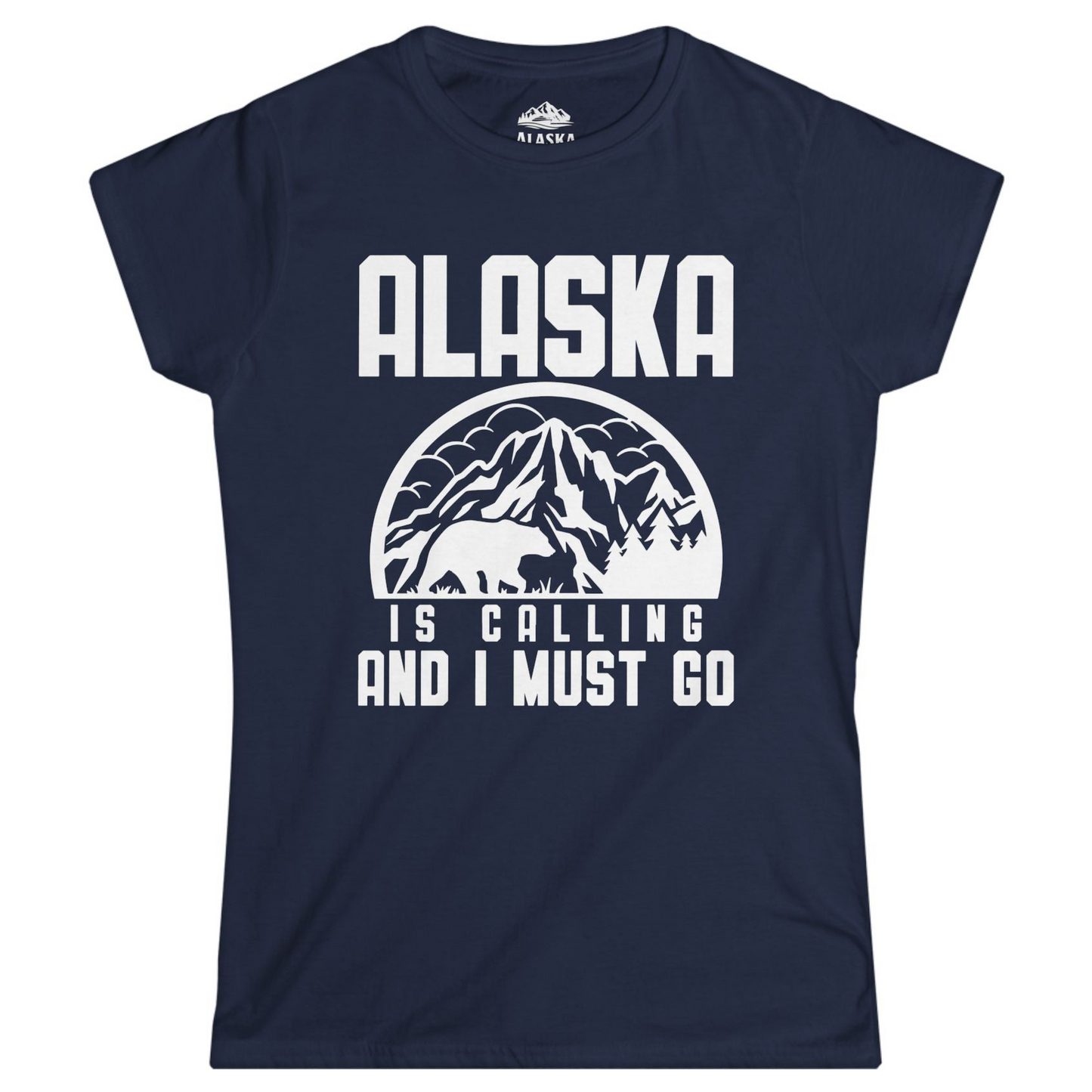 Alaska Is Calling Shirt - Mountain Bear Silhouette Adventure Tee Ladies T-Shirt – Navy – Alaska Cruise Shirts