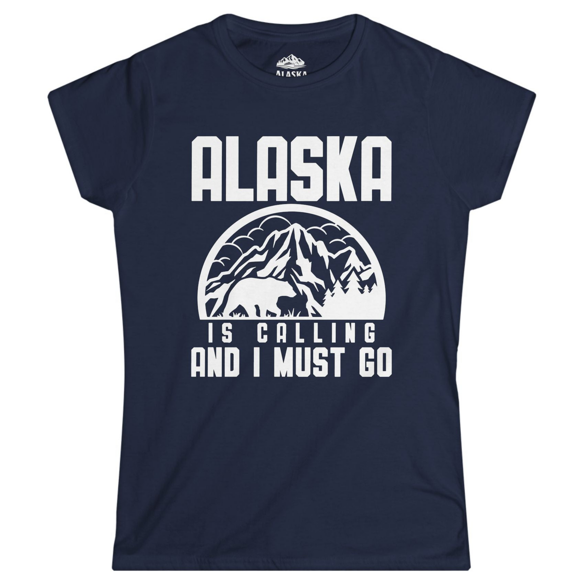 Alaska Is Calling Shirt - Mountain Bear Silhouette Adventure Tee Ladies T-Shirt – Navy – Alaska Cruise Shirts