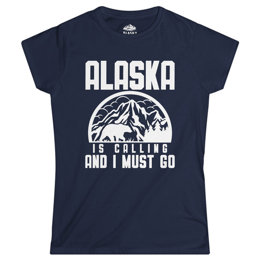 Alaska Is Calling Shirt - Mountain Bear Silhouette Adventure Tee Ladies T-Shirt – Navy – Alaska Cruise Shirts