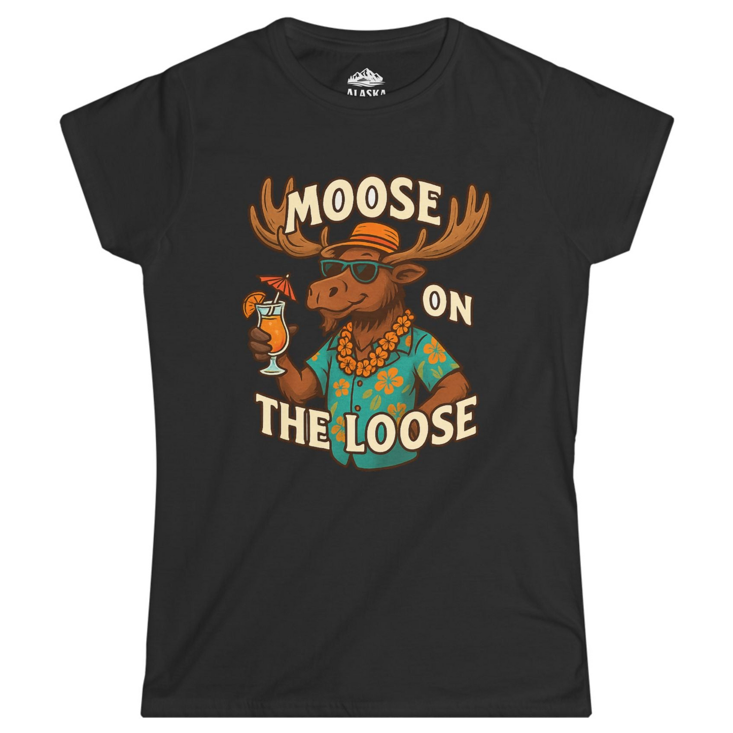 Moose On The Loose Funny Tropical Cartoon Vacation Shirt Ladies T-Shirt – Black – Alaska Cruise Shirts