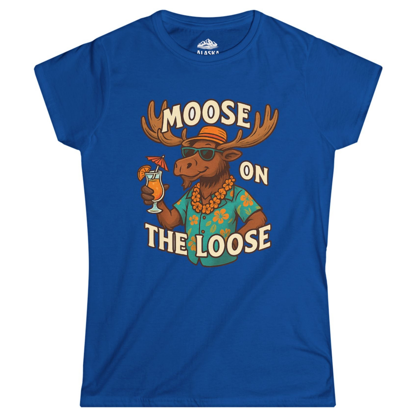 Moose On The Loose Funny Tropical Cartoon Vacation Shirt Ladies T-Shirt – Royal – Alaska Cruise Shirts