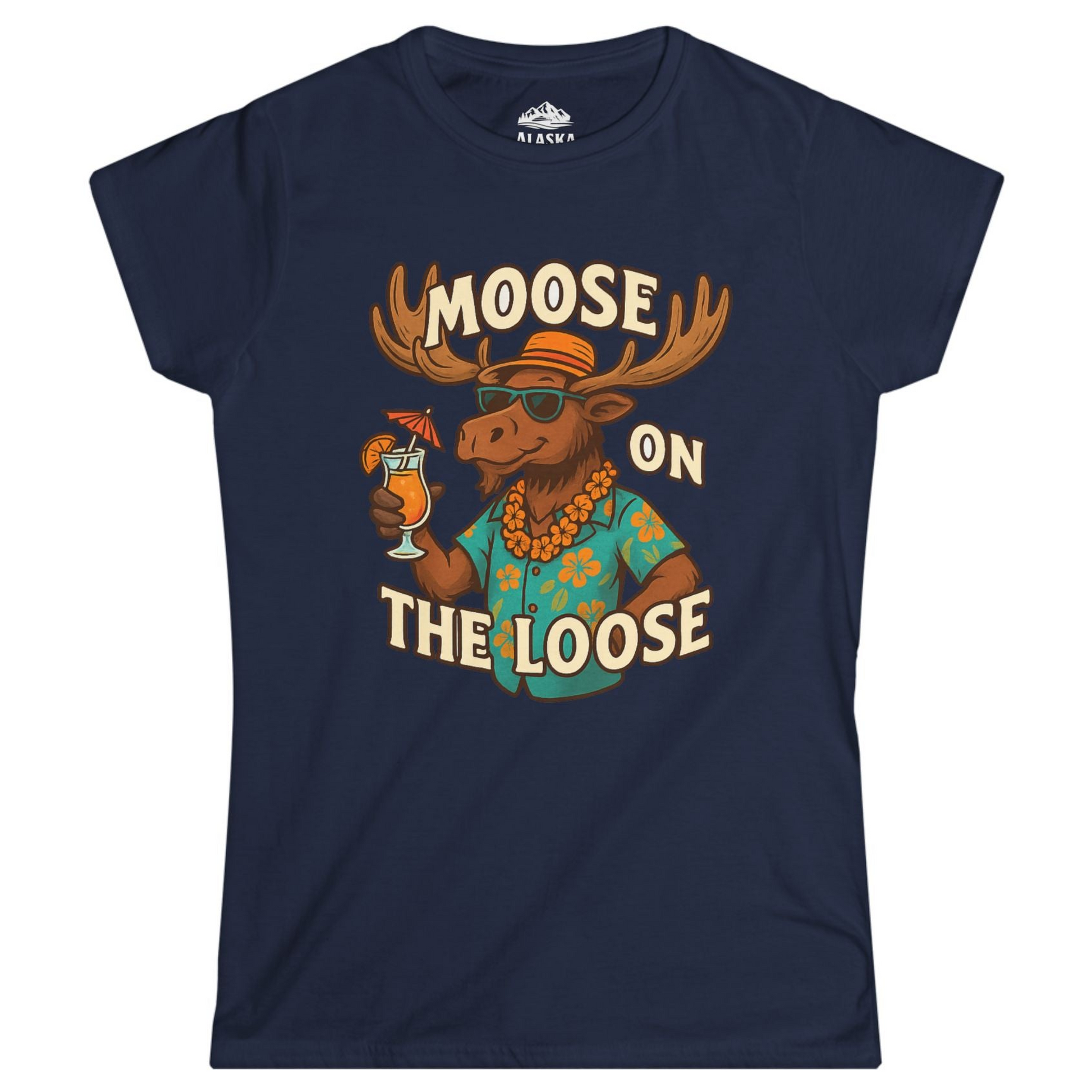 Moose On The Loose Funny Tropical Cartoon Vacation Shirt Ladies T-Shirt – Navy – Alaska Cruise Shirts