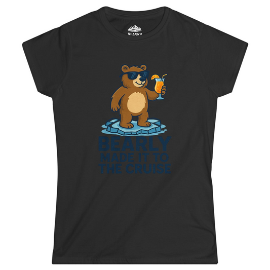Bear Cruise Shirt - Funny Cartoon Bear With Sunglasses on Vacation Ladies T-Shirt – Black – Alaska Cruise Shirts