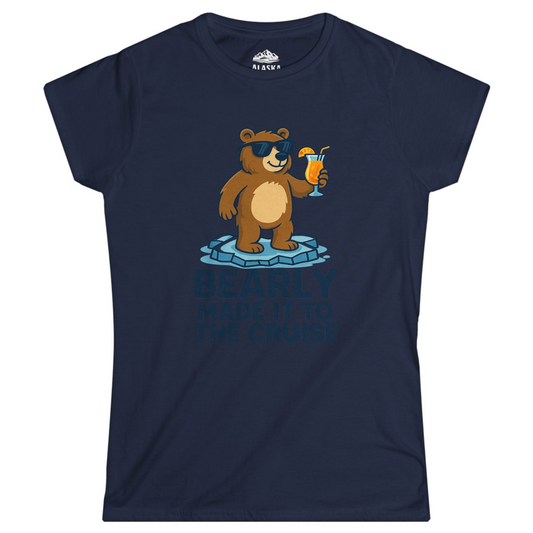 Bear Cruise Shirt - Funny Cartoon Bear With Sunglasses on Vacation Ladies T-Shirt – Navy – Alaska Cruise Shirts