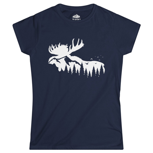 Moose Silhouette Forest Scene Shirt - Alaska Wilderness Nature Tee Ladies T-Shirt – Navy – Alaska Cruise Shirts