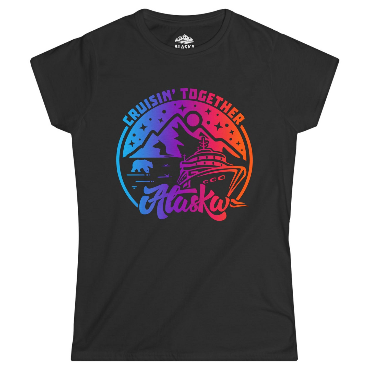 Alaska Cruise Shirt - Mountain Scenery Retro Wildlife Gradient Design Ladies T-Shirt – Black – Alaska Cruise Shirts