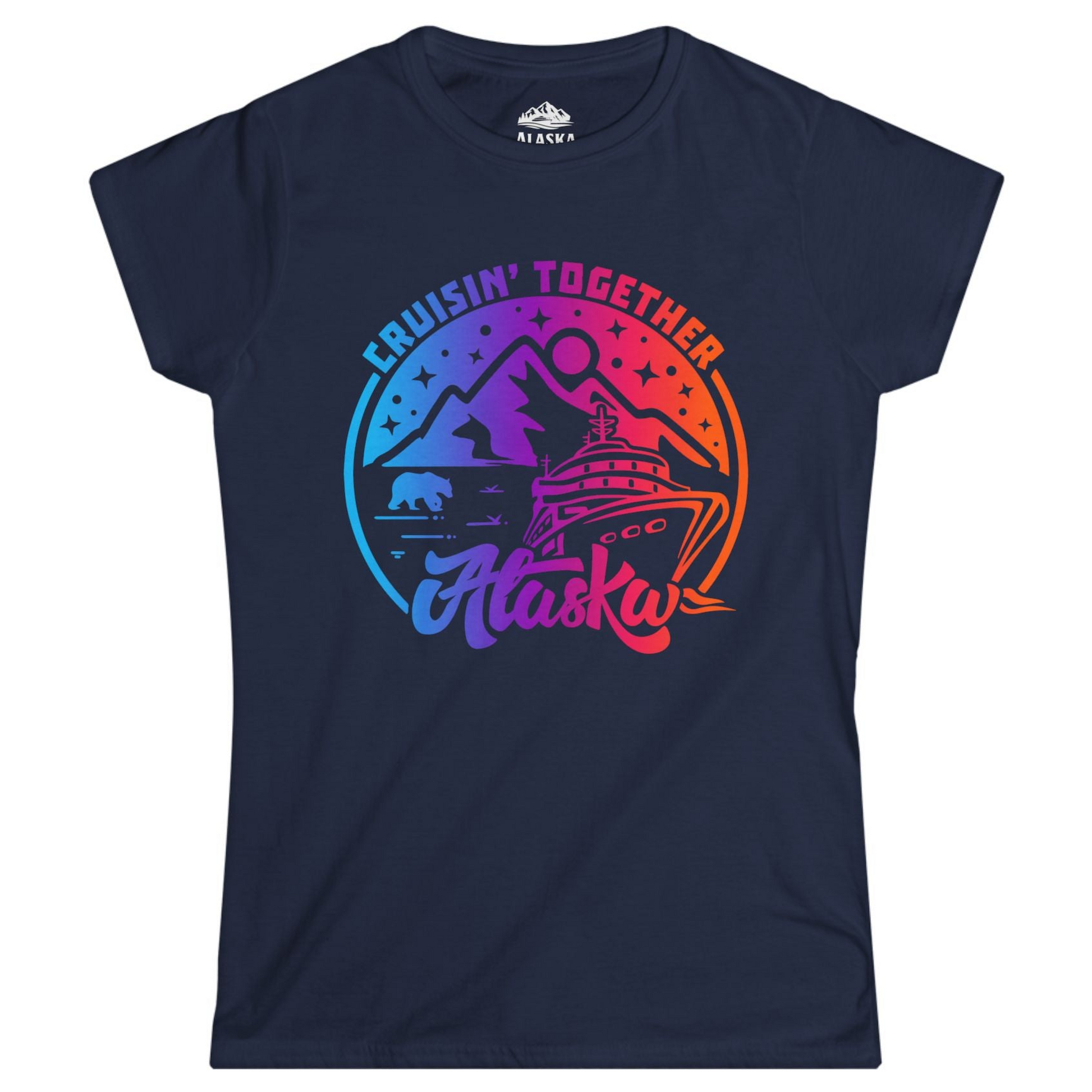 Alaska Cruise Shirt - Mountain Scenery Retro Wildlife Gradient Design Ladies T-Shirt – Navy – Alaska Cruise Shirts