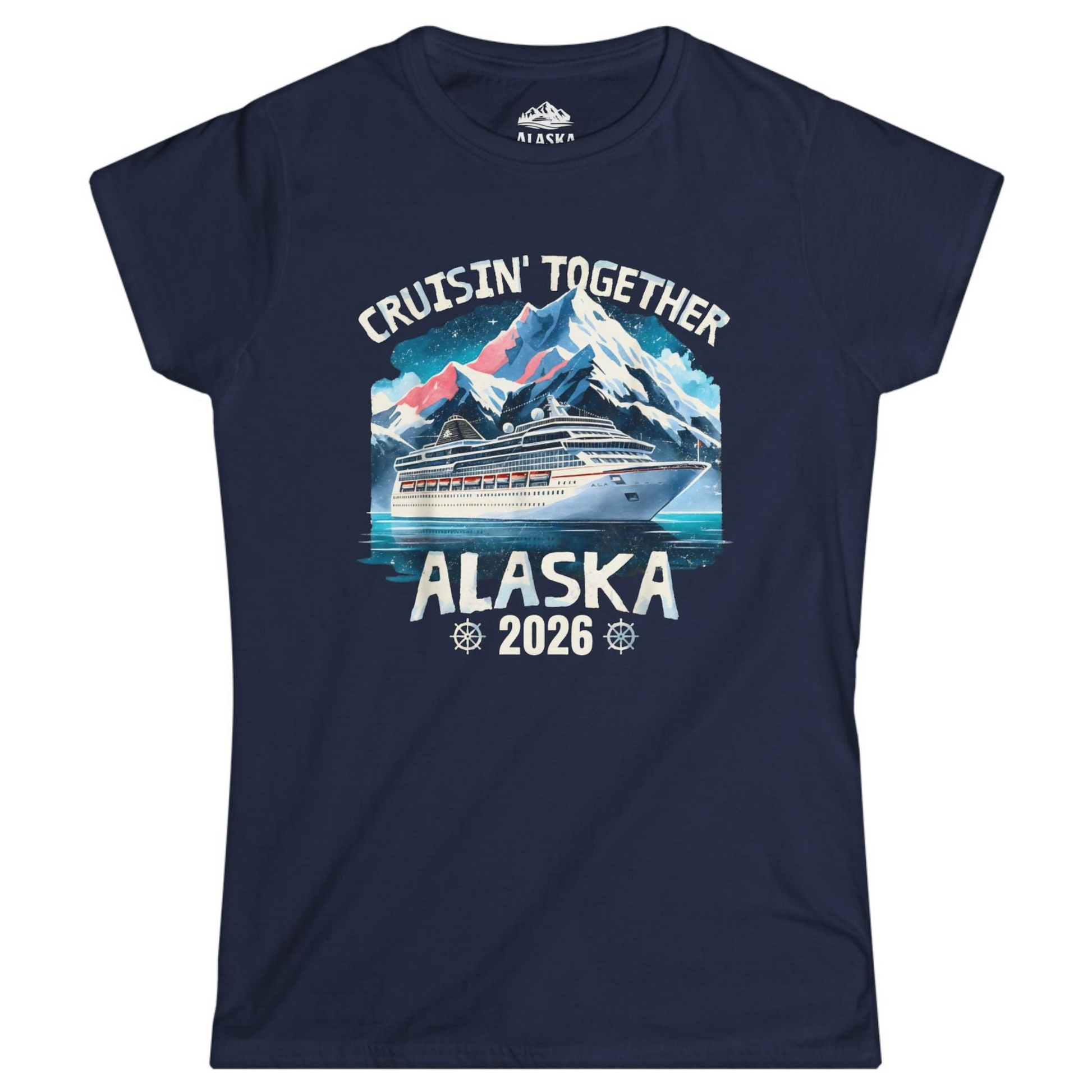 Alaska Cruise 2026 Shirt - Vintage Mountains and Cruise Ship Adventure Ladies T-Shirt – Navy – Alaska Cruise Shirts