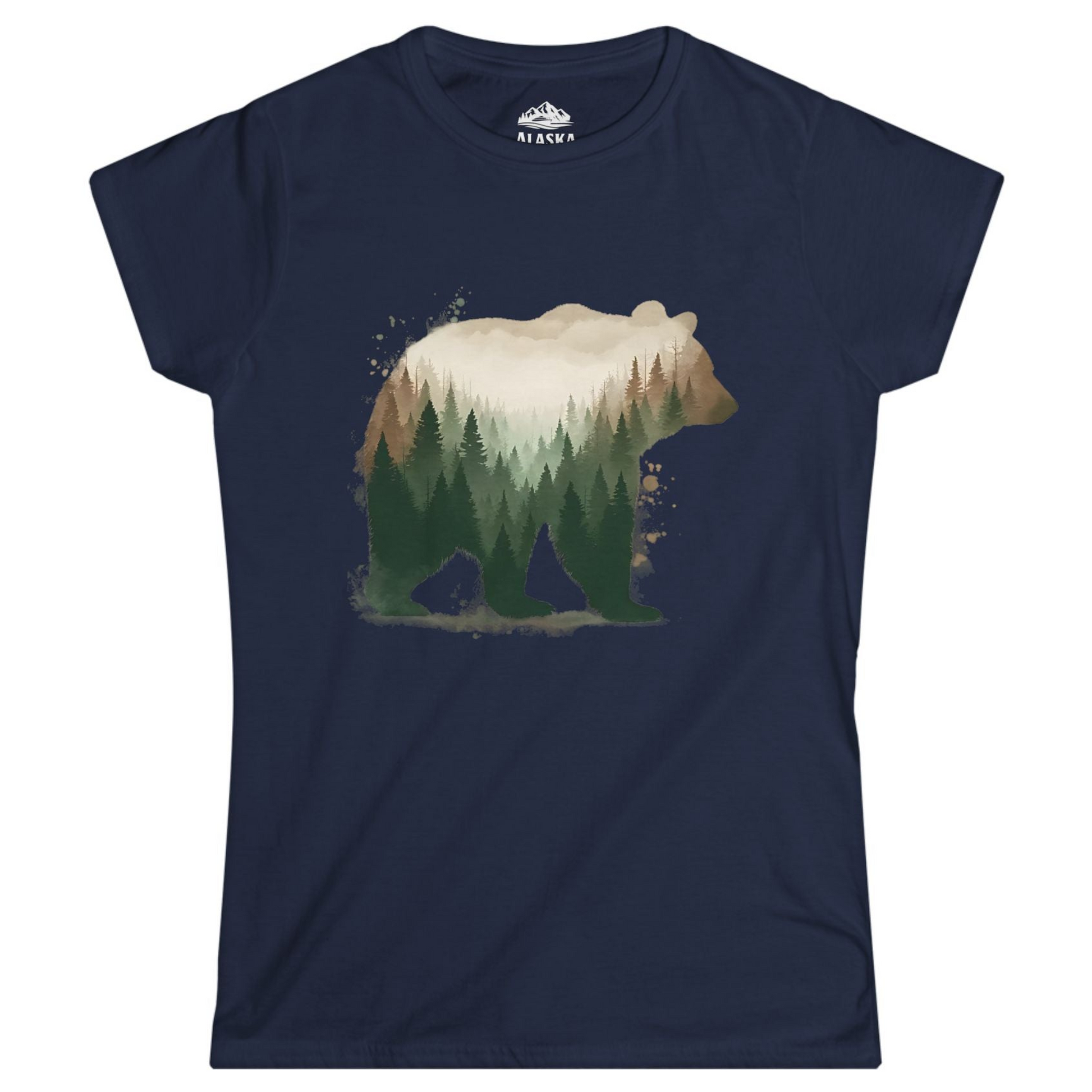 Double Exposure Bear Forest Shirt - Watercolor Nature Wildlife Tee Ladies T-Shirt – Navy – Alaska Cruise Shirts
