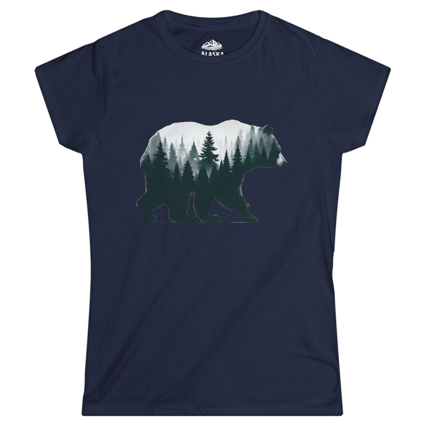 Double Exposure Bear Forest Silhouette Wilderness Shirt for Nature Lovers Ladies T-Shirt – Navy – Alaska Cruise Shirts