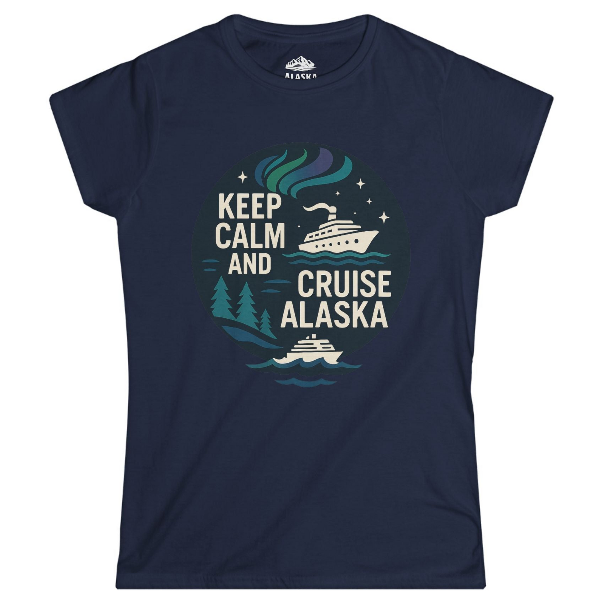 Keep Calm Cruise Alaska Shirt - Northern Lights Pine Trees Retro Tee Ladies T-Shirt – Navy – Alaska Cruise Shirts