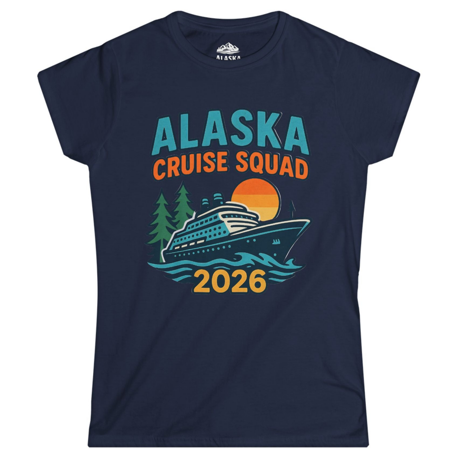 Alaska Cruise Squad Shirt - Retro Sunset Adventure Family Group Tee Ladies T-Shirt – Navy – Alaska Cruise Shirts