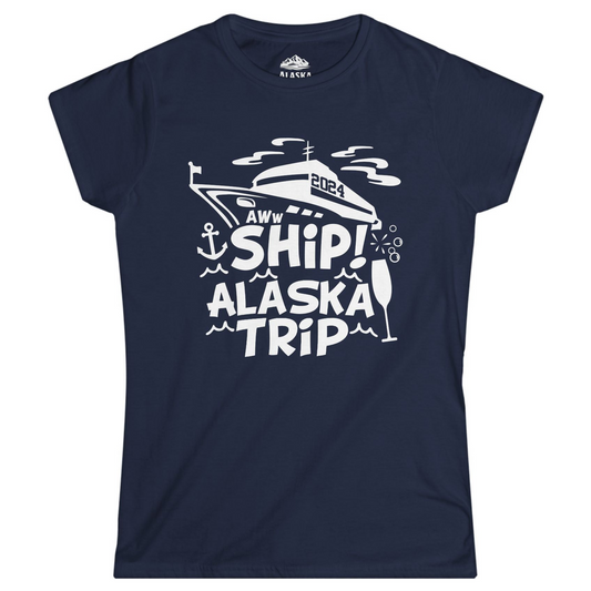 Aww Ship Alaska Cruise Shirt - Funny 2024 Group Vacation Graphic Tee Ladies T-Shirt – Navy – Alaska Cruise Shirts