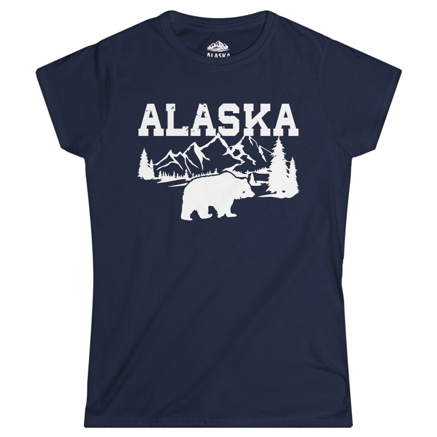 Alaska Bear Shirt - Wilderness Mountains and Trees Nature Silhouette Tee Ladies T-Shirt – Navy – Alaska Cruise Shirts