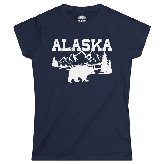 Alaska Bear Shirt - Wilderness Mountains and Trees Nature Silhouette Tee Ladies T-Shirt – Navy – Alaska Cruise Shirts