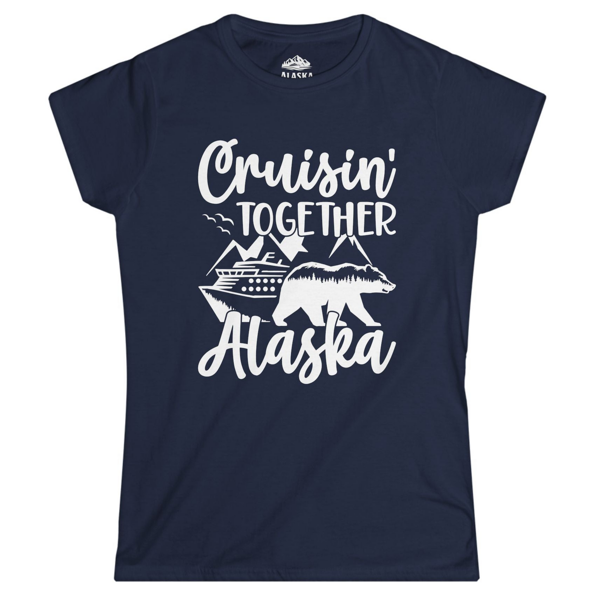 Alaska Cruise Adventure Shirt - Cruisin Together Bear Mountains Scene Ladies T-Shirt – Navy – Alaska Cruise Shirts