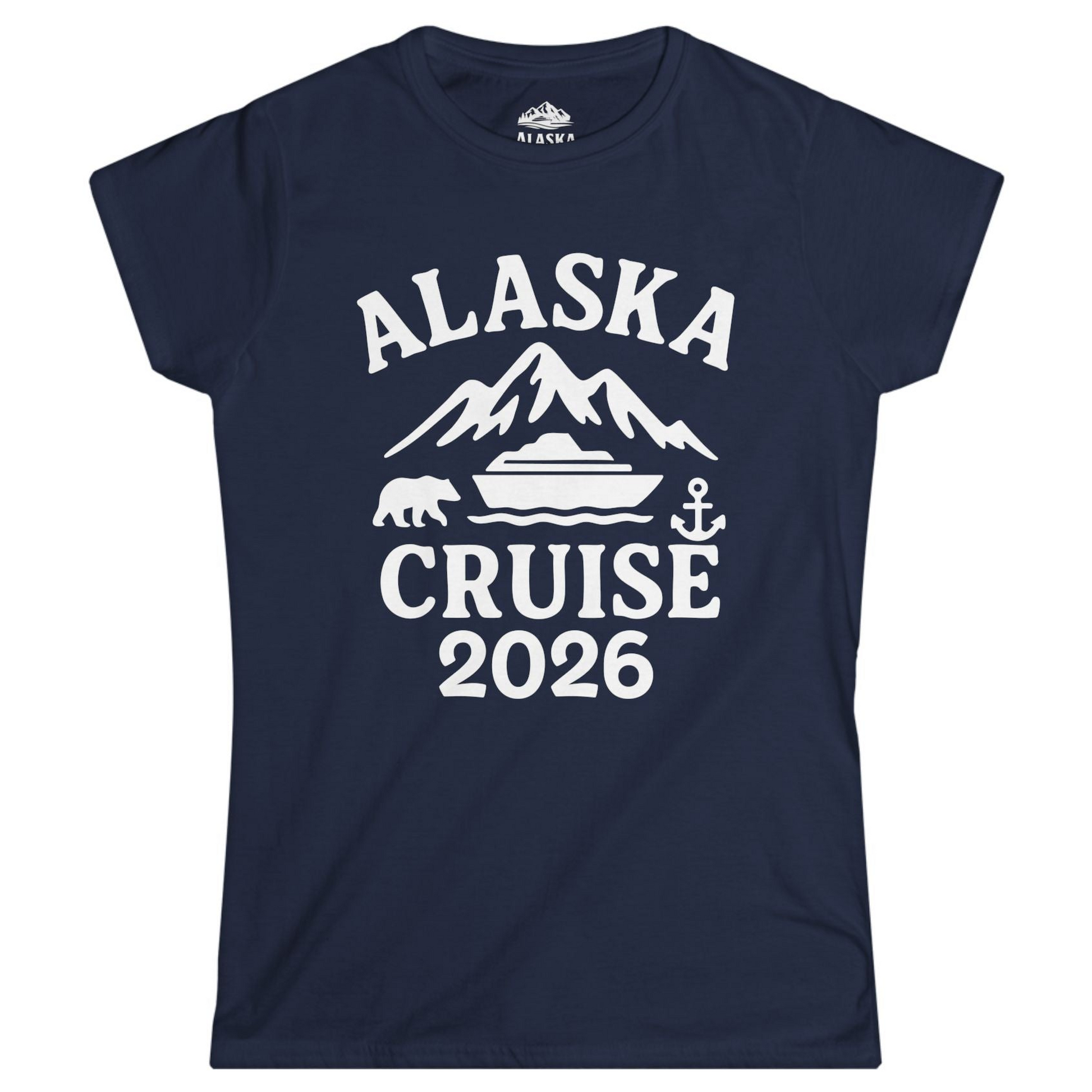 Alaska Cruise 2026 Shirt - Mountains Bear Anchor Adventure Tee Ladies T-Shirt – Navy – Alaska Cruise Shirts