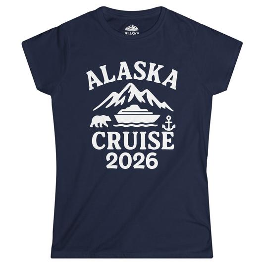 Alaska Cruise 2026 Shirt - Mountains Bear Anchor Adventure Tee Ladies T-Shirt – Navy – Alaska Cruise Shirts