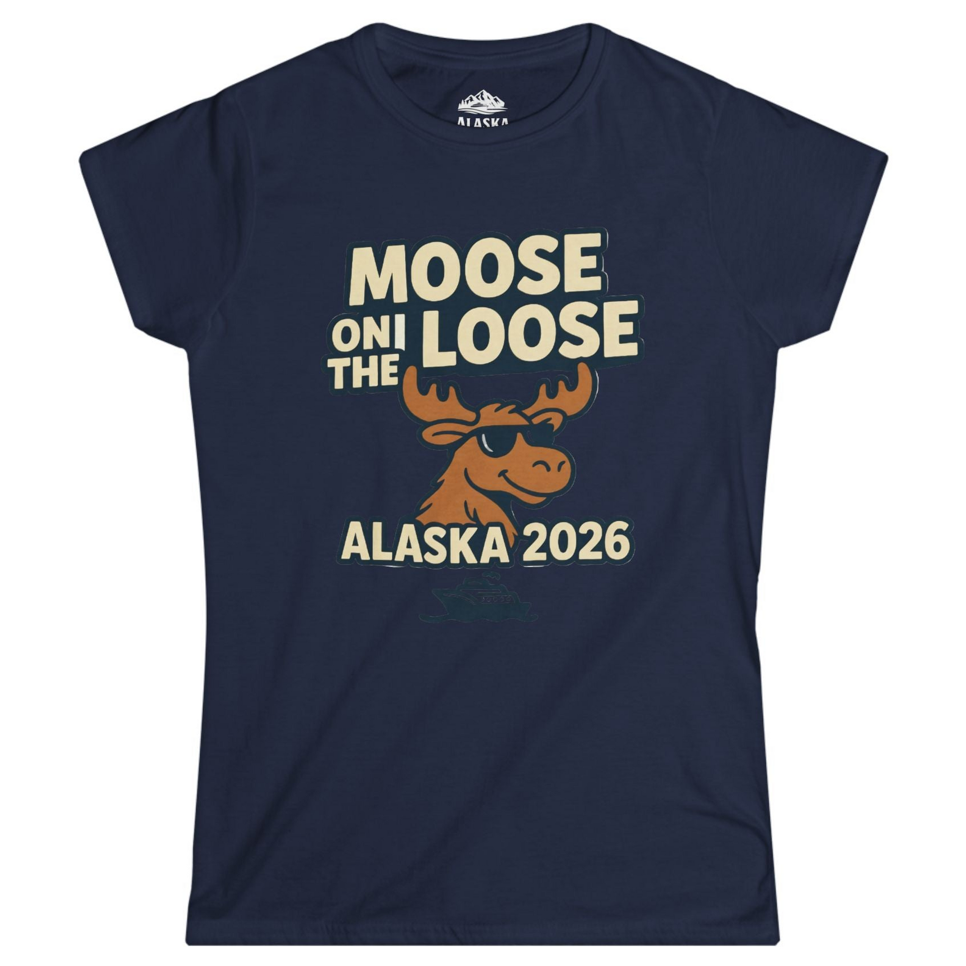 Moose on the Loose Alaska 2026 Cruise Cartoon Funny Shirt Ladies T-Shirt – Navy – Alaska Cruise Shirts