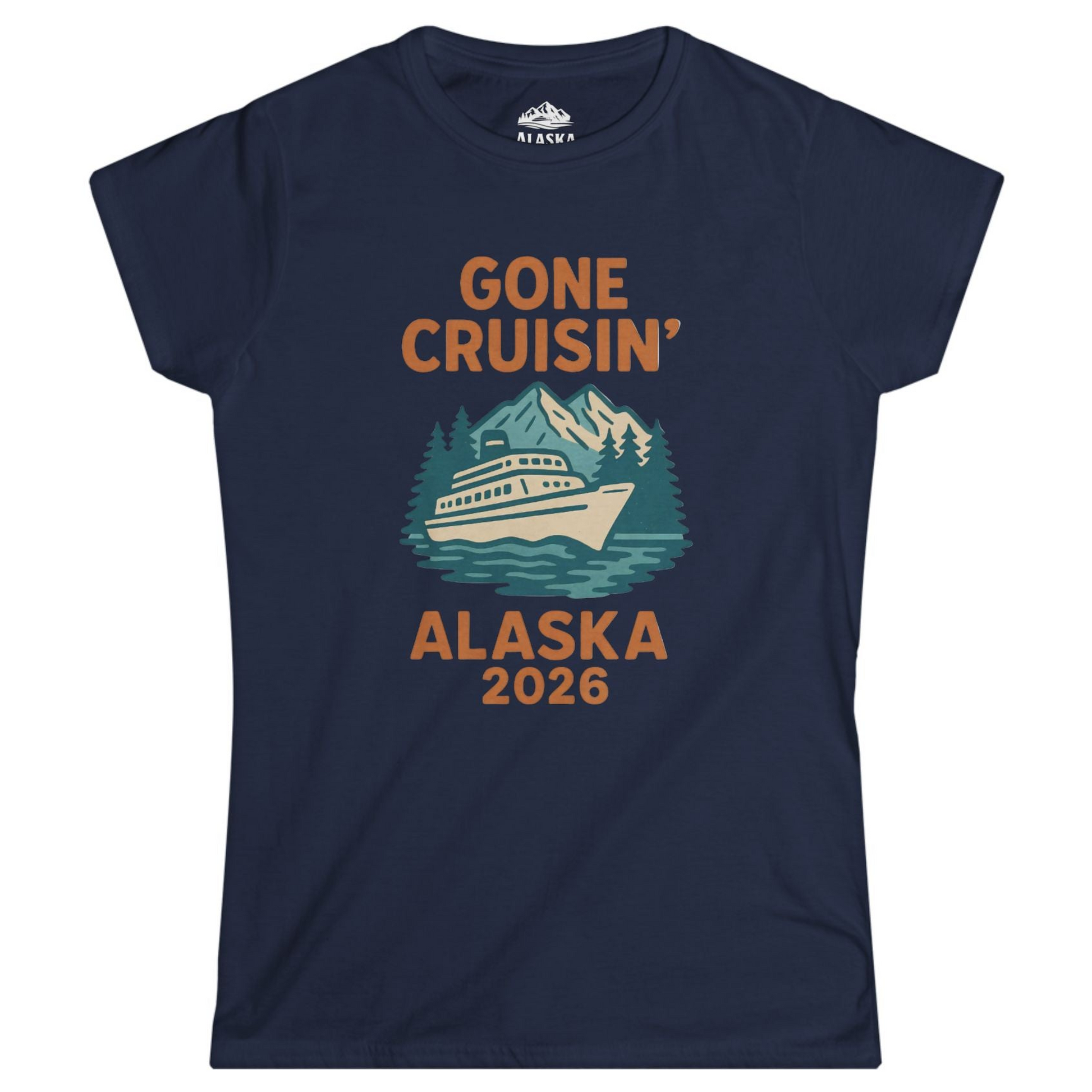 Gone Cruisin Alaska 2026 Retro Cruise Ship Nature Scenery Shirt Ladies T-Shirt – Navy – Alaska Cruise Shirts
