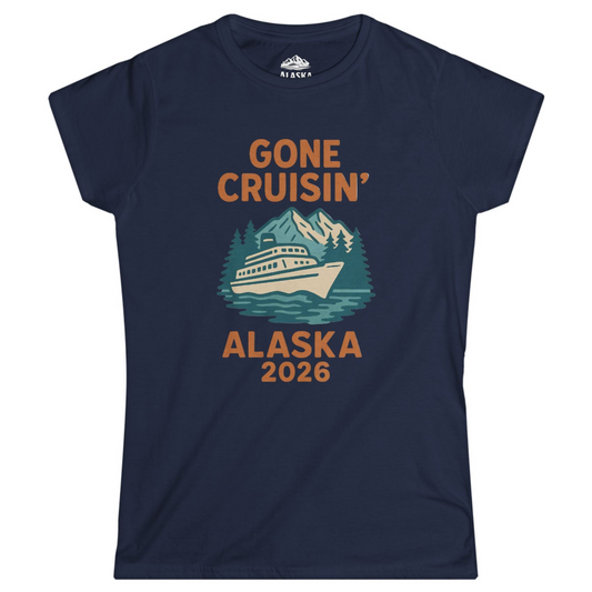 Gone Cruisin Alaska 2026 Retro Cruise Ship Nature Scenery Shirt Ladies T-Shirt – Navy – Alaska Cruise Shirts
