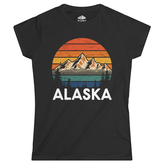 Retro Alaska Mountain Scenery Shirt - Vintage Denali Sunset Tee Ladies T-Shirt – Black – Alaska Cruise Shirts