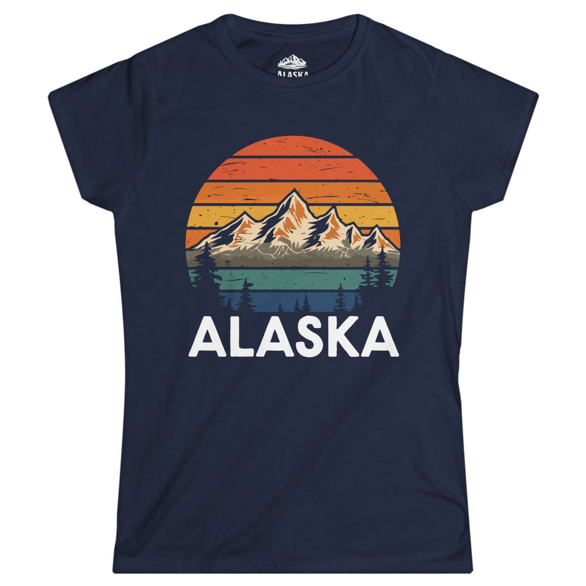 Retro Alaska Mountain Scenery Shirt - Vintage Denali Sunset Tee Ladies T-Shirt – Navy – Alaska Cruise Shirts