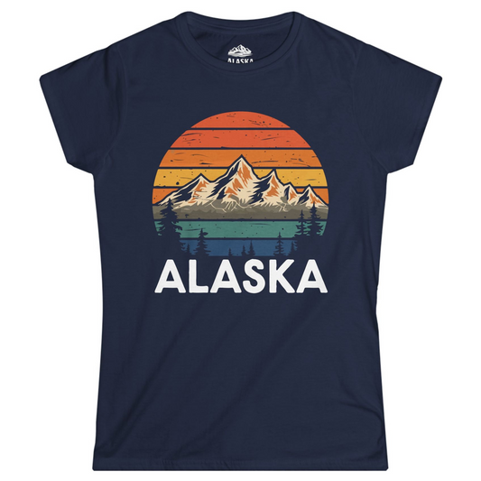 Retro Alaska Mountain Scenery Shirt - Vintage Denali Sunset Tee Ladies T-Shirt – Navy – Alaska Cruise Shirts