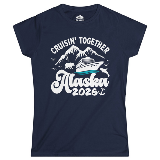 Alaska Cruise Adventure Shirt - Mountains Wildlife and Nautical 2026 Ladies T-Shirt – Navy – Alaska Cruise Shirts