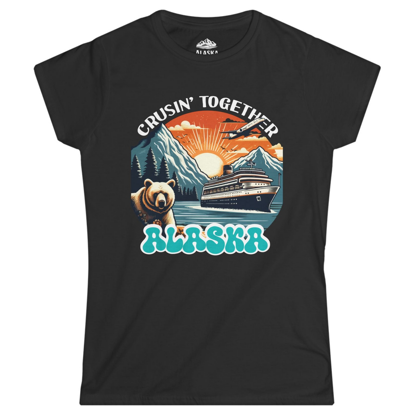 Alaska Cruise Shirt - Retro Bear and Ship Vintage Travel Illustration Ladies T-Shirt – Black – Alaska Cruise Shirts