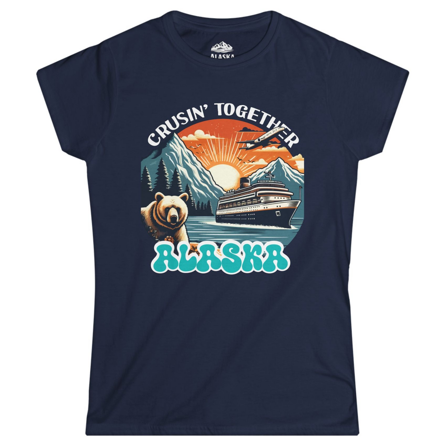 Alaska Cruise Shirt - Retro Bear and Ship Vintage Travel Illustration Ladies T-Shirt – Navy – Alaska Cruise Shirts